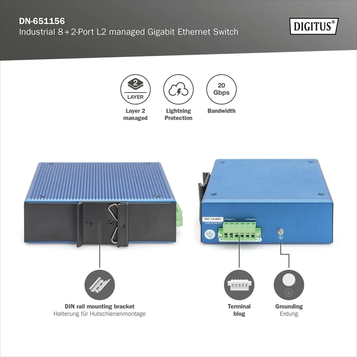 Digitus DN-65 Industrial Railmount Gigabit Managed Switch, 8x RJ-45, 2x SFP