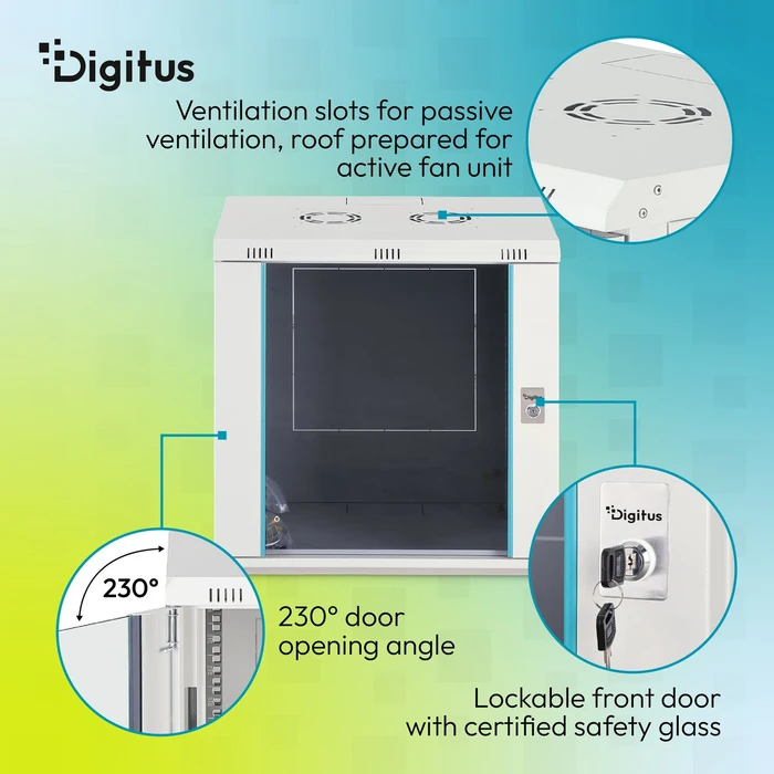 Digitus Dynamic-N Serie 19" Wandgehäuse 12HE, unmontiert, Sicherheitsglastür, IP2X, RAL 7035, 450mm tief