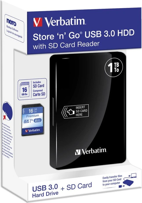 Verbatim Store 'n' Go Portable HDD 1TB mit SD-Kartenleser + 16GB SD-Karte, USB 3.0