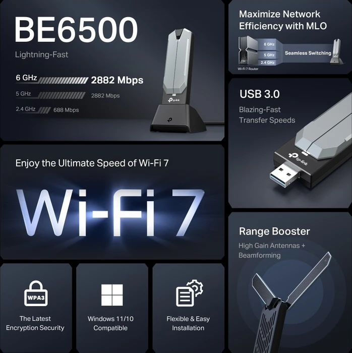 TP-Link Wi-Fi 7 BE6500, 2.4GHz/5GHz/6GHz WLAN, USB-A 3.0 [Stecker]