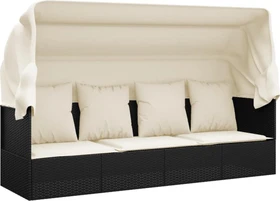 vidaXL Polyrattan Outdoor-Loungecouch mit Dach & Kissen schwarz/cremeweiß