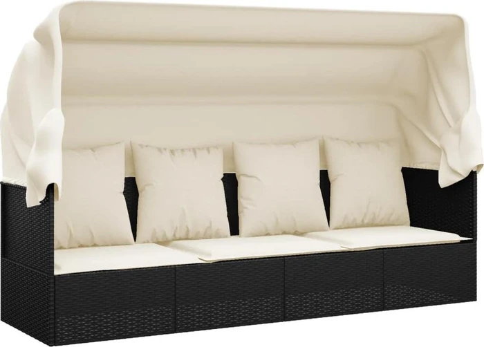 vidaXL Polyrattan Outdoor-Loungecouch mit Dach & Kissen schwarz/cremeweiß