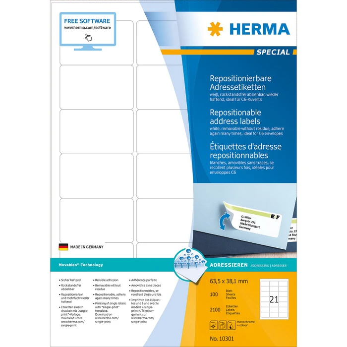 Herma Adressetiketten, 63.5x38.1mm, ablösbar, weiß, matt, 100 Blatt (2100 Etiketten)