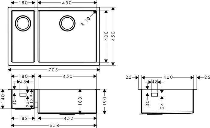 Hansgrohe S71 S719-U655 180/450 Unterbau Becken rechts edelstahl