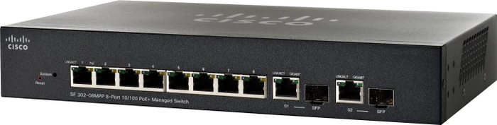 Cisco SF300 Desktop Managed Switch, 8x RJ-45, 2x RJ-45/SFP, 124W PoE+