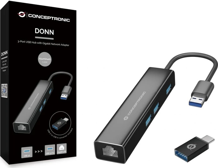 Conceptronic 3-Port USB-Hub mit Netzwerkadapter, USB-C 3.0 [Stecker]