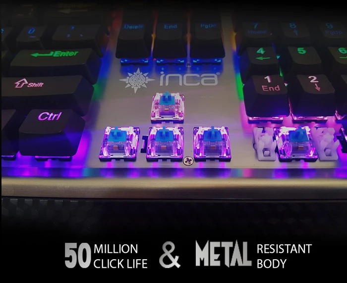 Inca IKG-444 Ophira Mechanical Gaming Tastatur, silber/schwarz, LEDs RGB, BLUE Switches, USB, DE