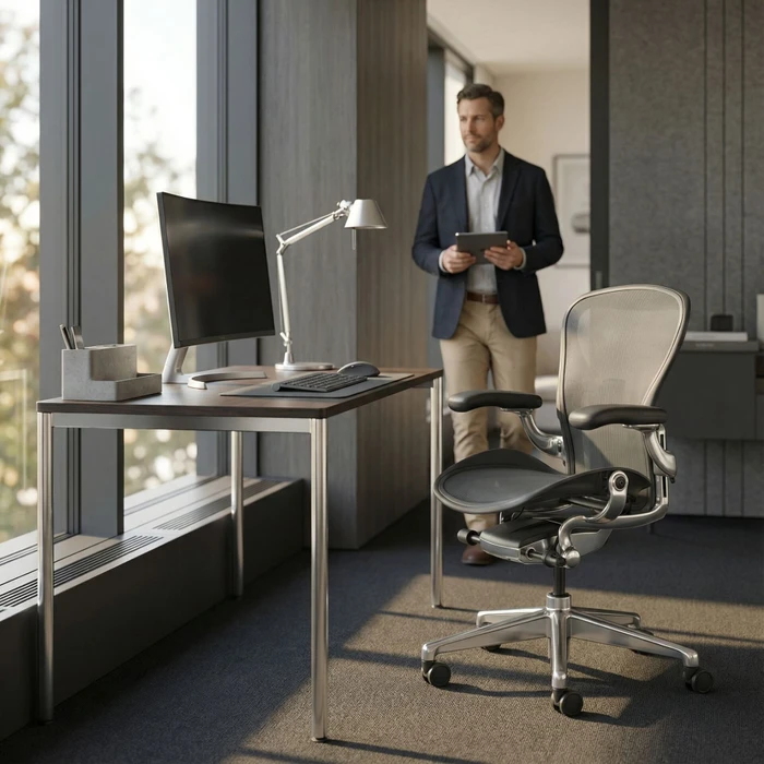 Herman Miller Aeron remastered Bürostuhl, Graphite grau, Größe B, Armlehnen Vinyl, Fußkreuz/Mechanik Alu-poliert