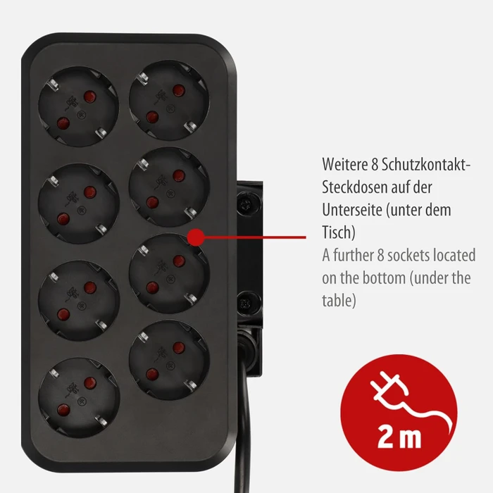 Brennenstuhl estilo Duplex Tischsteckdosenleiste mit Schalter, 10-fach, 1x USB-A/1x USB-C, 2m, silber/schwarz
