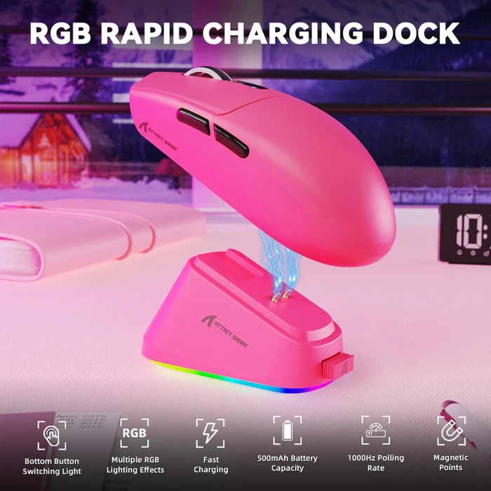Attack Shark G3Pro Tri-mode Wireless Gaming Mouse mit Ladestation, Berry Red, USB/Bluetooth
