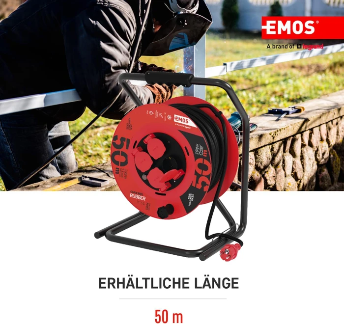 Emos Gummi-Kabeltrommel, Schuko auf 4x Schuko, 50m, IP44, H05RR-F 3G2,5