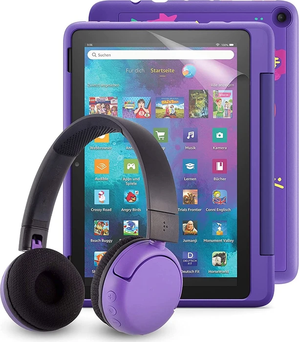 Amazon Fire HD 10 KFTRWI 2021, ohne Werbung, Graffiti, 32GB, inkl. BuddyPhones PopTime Headset und Displayschutzfolie, Kids Pro Edition