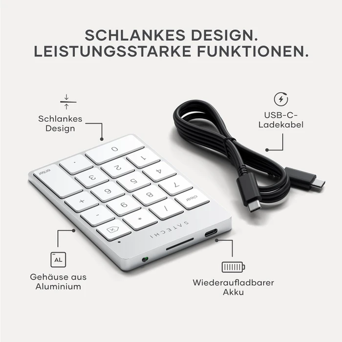 Satechi Aluminum Slim Wireless Keypad (USB-C), Silver, Bluetooth