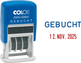 COLOP Mini-Dater S160/L3 Datumstempel mit Textplatte GEBUCHT, 25x12mm, Monat in Buchstaben, blau