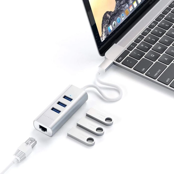 Satechi 2-in-1 silver USB-Hub, RJ-45, USB-C 3.0 [Stecker]