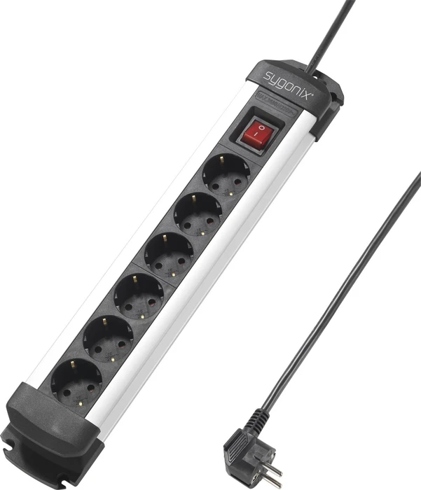 Sygonix Steckdosenleiste mit Schalter, 6-fach, 1.4m, schwarz/silber