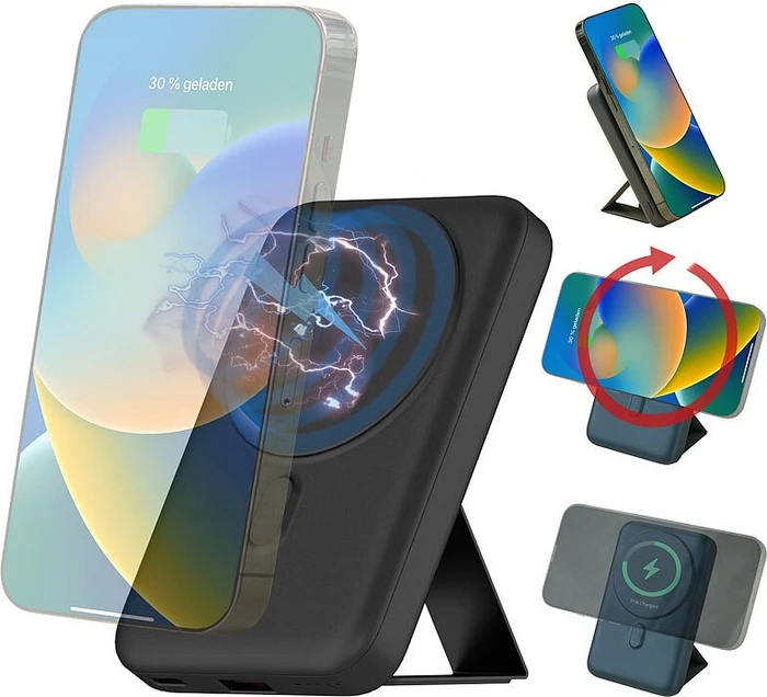 Revolt Magnetische Powerbank 10000mAh für Qi & MagSafe 20W mit Ständer schwarz