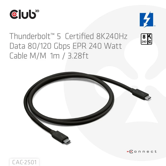 Club 3D Thunderbolt 5 Kabel, 240W, schwarz, 1m (verschiedene Markenbezeichnungen)