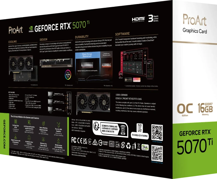 ASUS ProArt GeForce RTX 5070 Ti OC, PROART-RTX5070TI-O16G, 16GB GDDR7, HDMI, USB-C, 2x DP