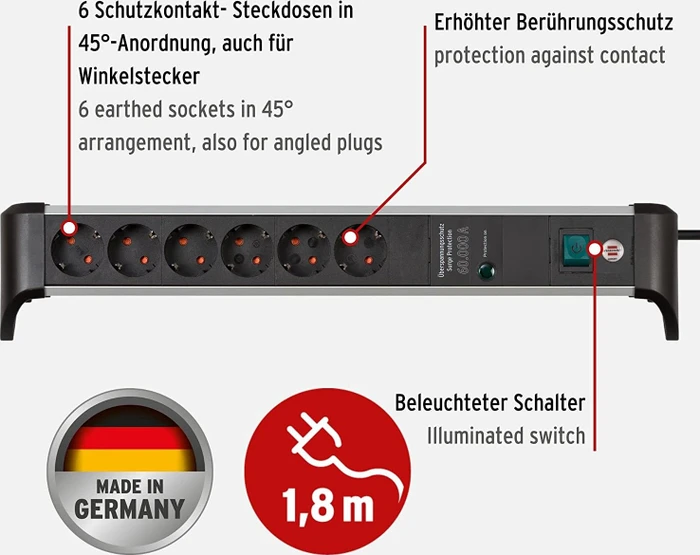 Brennenstuhl Alu-Office-Line Tischsteckdose mit Überspannungsschutz, 6-fach, 3m, schwarz/silber
