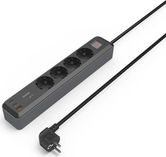 Hama Steckdosenleiste mit Schalter, 4-fach, 1x USB-A/2x USB-C 65W USB-PD, 1.4m, schwarz/grau