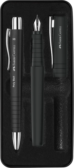 Faber-Castell Poly Ball/Pen Füllfeder und Kugelschreiber Geschenk-Set, all-black, im Metall-Etui, 2 Stück