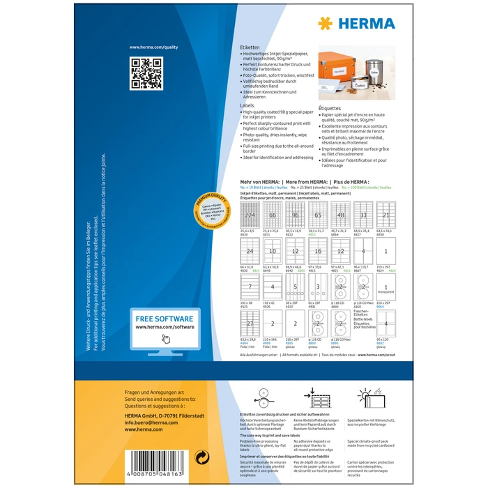 Herma Adressetiketten Inkjet, 97x42.3mm, weiß, matt, 100 Blatt (1200 Etiketten)