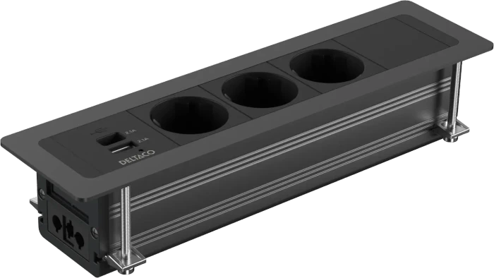 Deltaco GT-1303 Steckdosenleiste für Einbaumontage, 3-fach, 1x USB-A/1x USB-C, schwarz