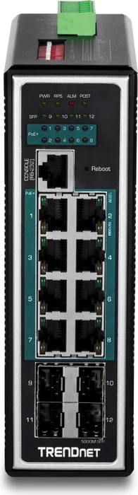 TRENDnet TI Hardened Industrial Railmount Gigabit Managed Switch, 8x RJ-45, 4x SFP, 240W PoE+