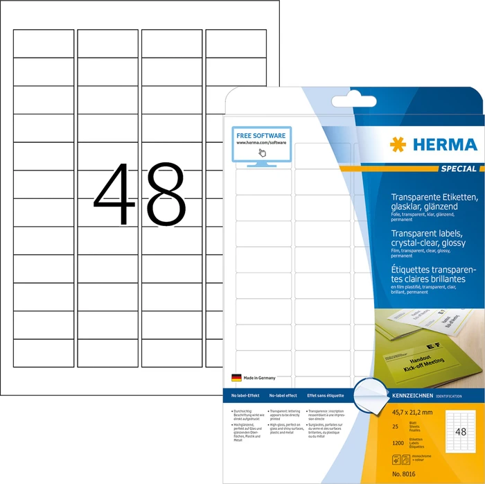 Herma Folienetiketten, 45.7x21.2mm, wetterfest, transparent, matt, 25 Blatt (1200 Etiketten)