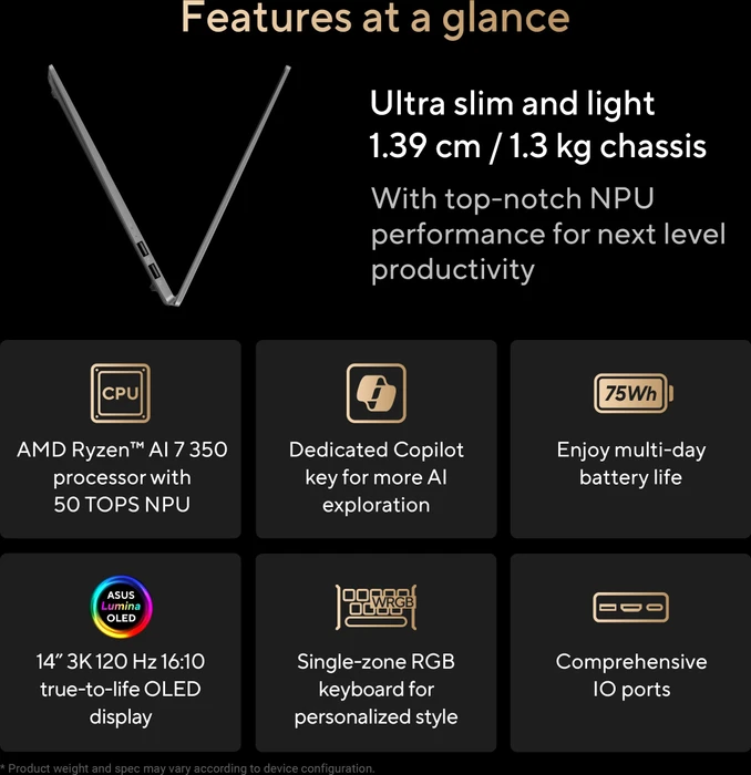 ASUS VivoBook S 14 M5406KA-QD037W, Cool Silver, Ryzen AI 7 350, 16GB RAM, 1TB SSD, DE