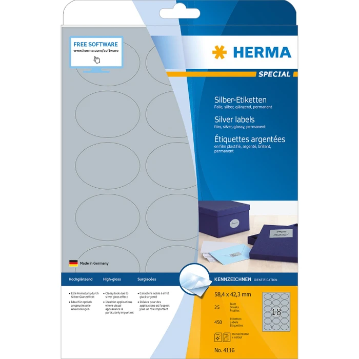 Herma Etiketten Special oval, 58.4x42.3mm, silber, glänzend, 25 Blatt (450 Etiketten)
