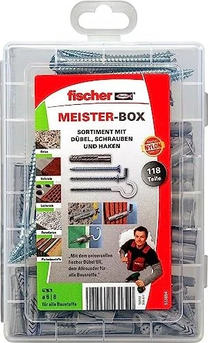 fischer Meister-Box Universaldübel UX + Schraube + Haken Schrauben/Dübel-Sortiment inkl. Werkzeugbox, 118 Stück