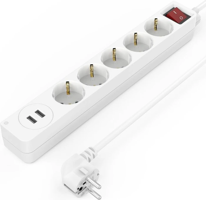 Hama Steckdosenleiste mit Schalter, 5-fach, 2x USB, 1.4m, weiß
