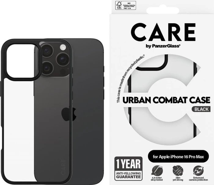 PanzerGlass Care Flagship Case Urban Combat Black Frame für Apple iPhone 16 Pro Max transparent