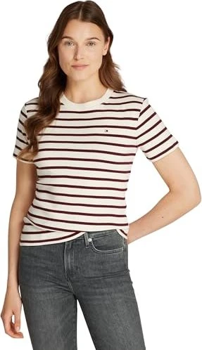 Tommy Hilfiger Roundneck Slim Fit T-Shirt kurzarm fine stripe/calcio/deep rouge (Damen)