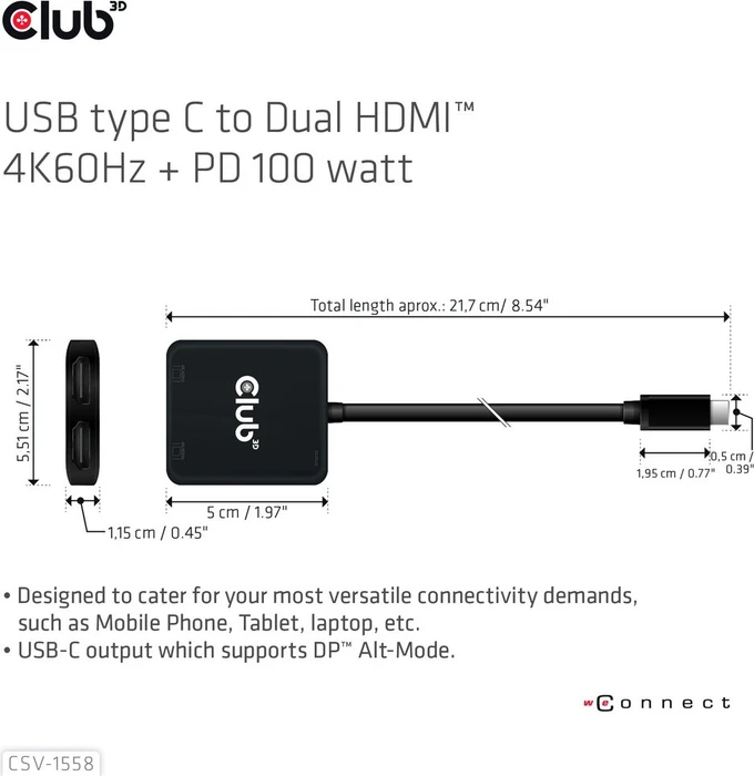 Club 3D USB-C [Stecker] auf 2x HDMI [Buchse], USB PD 100W