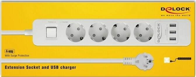 DeLOCK Steckdosenleiste mit Überspannungsschutz und USB-Ladefunktion, Schalter, 4-fach, 1.5m, weiß