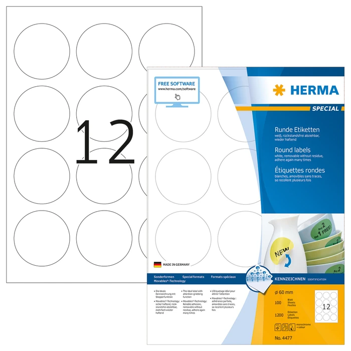 Herma Etiketten Special rund, 60mm, ablösbar, weiß, matt, 100 Blatt (1200 Etiketten)