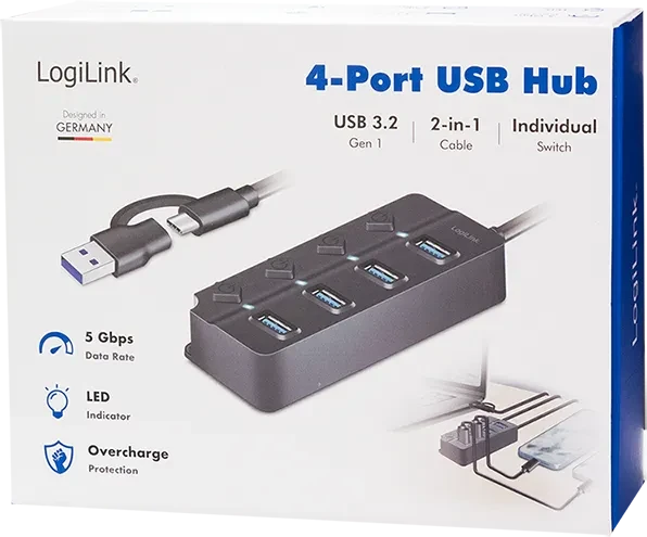 LogiLink USB 3.2 Gen1 Hub mit Ein-/Aus-Schalter, 4x USB-A 3.0, USB-C/USB-A 3.0 [Stecker]