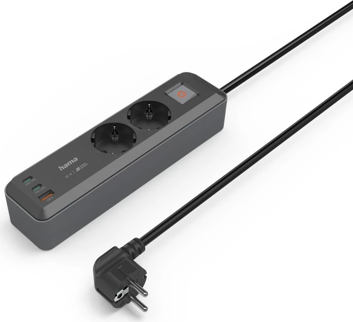 Hama Steckdosenleiste mit Schalter, 2-fach, 1x USB-A/2x USB-C 65W USB-PD, 1.4m, schwarz/grau
