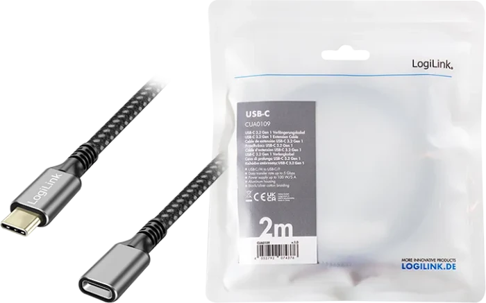LogiLink USB-C Verlängerung, USB 3.0, 10Gb/s, USB-C 3.0 [Stecker] auf USB-C 3.0 [Buchse], Verlängerungskabel C/C, 2m, schwarz