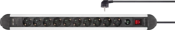 Sygonix Steckdosenleiste mit Schalter und Überspannungsschutz, 10-fach, mit 2x USB, 1.5m, schwarz/silber