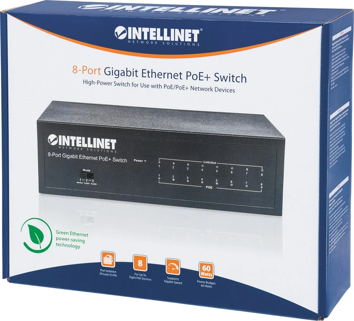 Intellinet Desktop Gigabit Switch, 8x RJ-45, 60W PoE+
