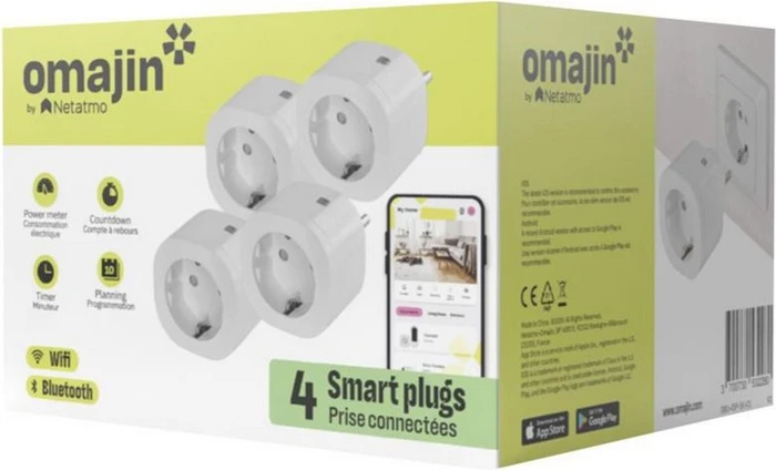 Netatmo Omajin Smart Plug Zwischenstecker, 3680W, Typ F, Smart-Steckdose, 4er-Pack