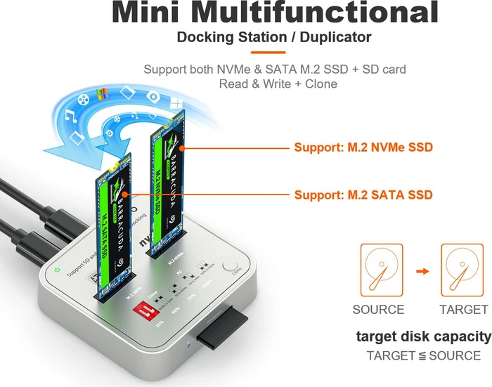 MAIWO M.2 PCIe/SATA Dockingstation mit Klon-Funktion und SD Express Cardreader, USB-C 3.1 (verschiedene Markenbezeichnungen)