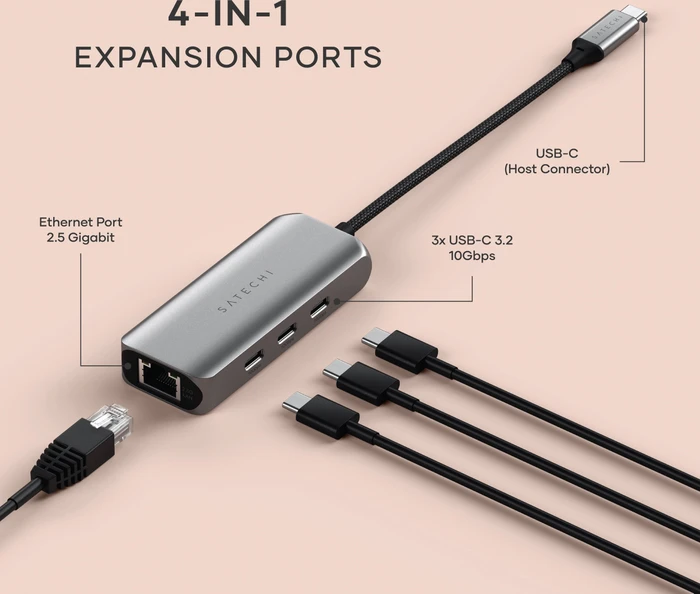 Satechi 4-In-1 USB-C Hub 2.5 Gigabit Ethernet, Space Gray, USB-C 3.1 [Stecker]