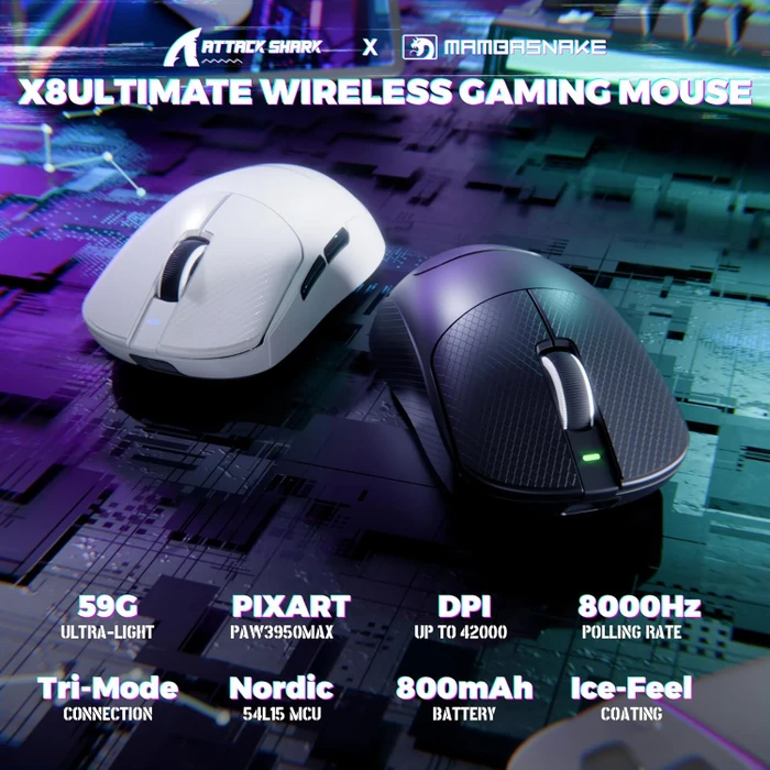 Attack Shark X8 Ultimate 8KHz Tri-mode Wireless Gaming Mouse, schwarz, inkl. Grip Tape, USB/Bluetooth
