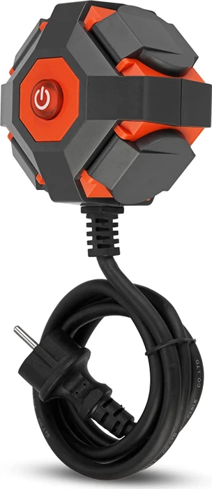 REV Ritter PowerGlobe Steckdosenwürfel mit Schalter, 4-fach, IP44, 1.4m, orange/grau