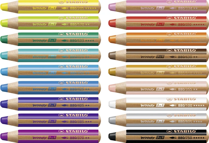 STABILO Woody 3in1 Wachsmalstift sortiert, Kunststoffbox, Anspitzer, 38er-Set